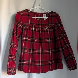 Carter's Red Plaid Flannel Blouse Girls Size 5T Gold Bow Long Sleeve Ruffle
